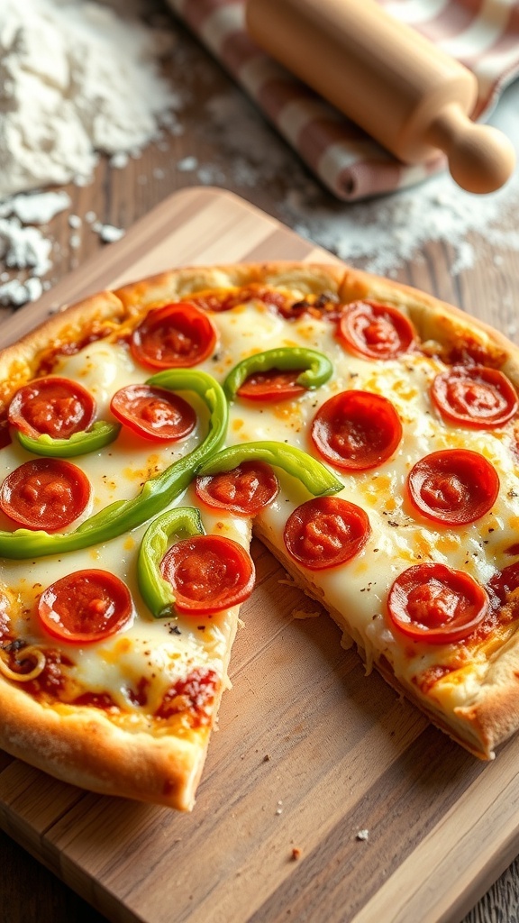 A delicious homemade pizza with pepperoni and bell peppers on a wooden cutting board.